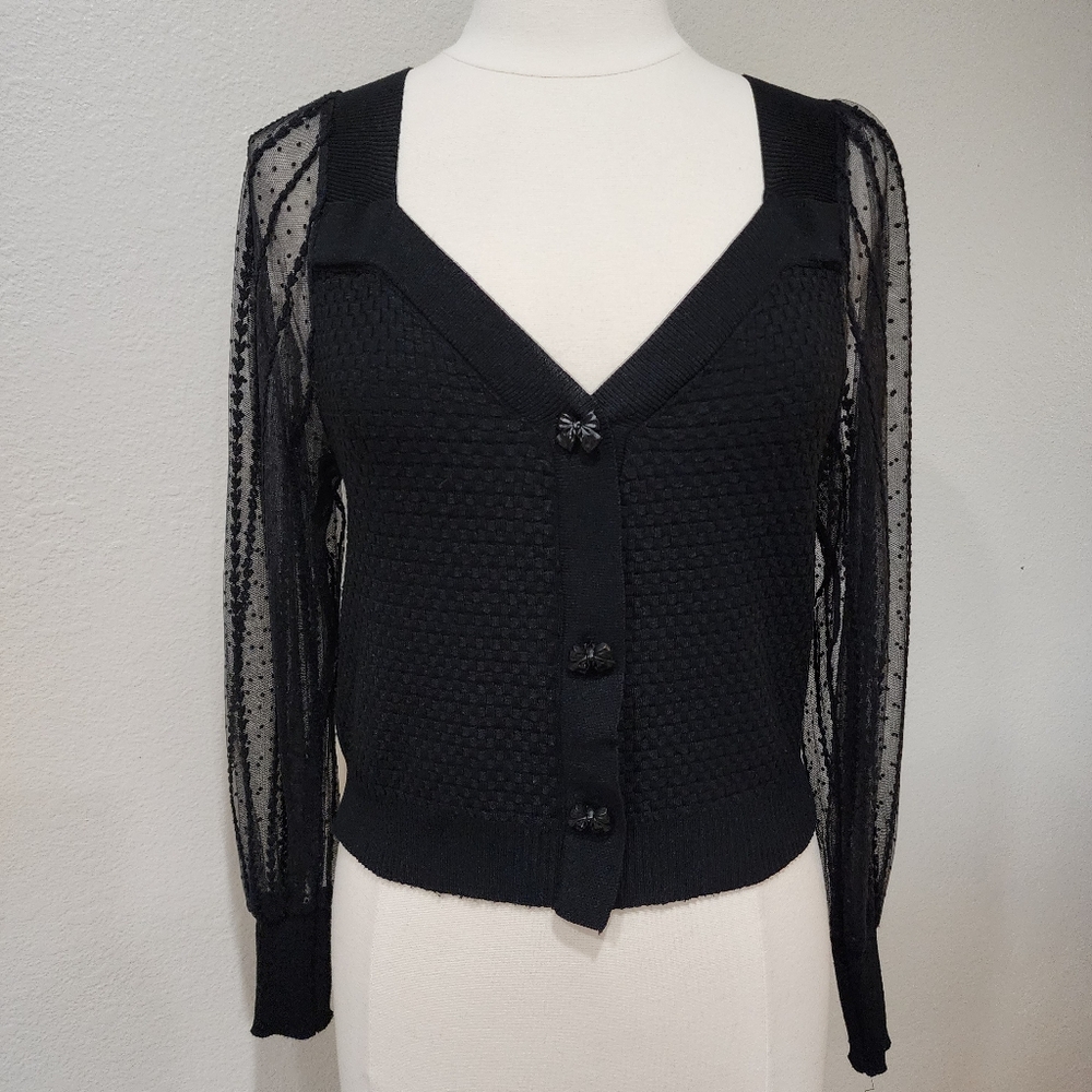 J. Ing Bow Button Cardigan Sweater Sheer Lace Sleeves Sweetheart Neckline size S